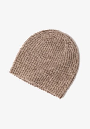 Cappello beanie in morbido tessuto a costine. Colore beige caldo con motivo testurizzato. Parte superiore arrotondata e vestibilità aderente attorno alla testa.