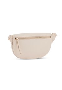 Beżowa skórzana torba o gładkim wykończeniu, o zaokrąglonym kształcie i złotym zamku z przodu. Regulowany pasek po jednej stronie.