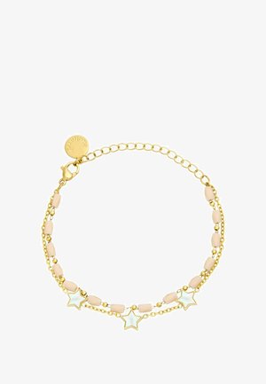 Pulsera bañada en oro con cuentas rosas y dos charms en forma de estrella con un acabado iridiscente, asegurada con un cierre de langosta.