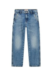 Jeans in denim azzurro chiaro con design a gamba dritta, caratterizzati da macchie sbiadite, cinque tasche e dettagli di cucitura a vista.
