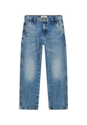 Jeans in denim azzurro chiaro con design a gamba dritta, caratterizzati da macchie sbiadite, cinque tasche e dettagli di cucitura a vista.
