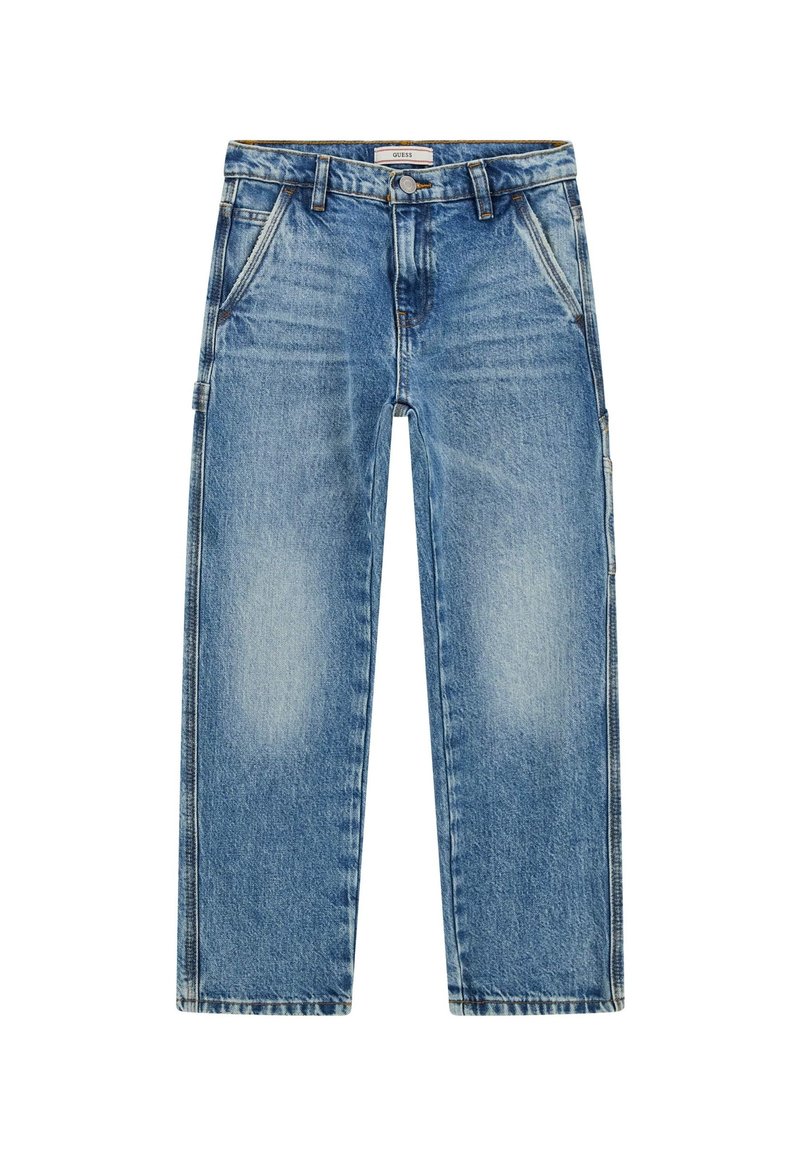 Jeans in denim azzurro chiaro con design a gamba dritta, caratterizzati da macchie sbiadite, cinque tasche e dettagli di cucitura a vista.