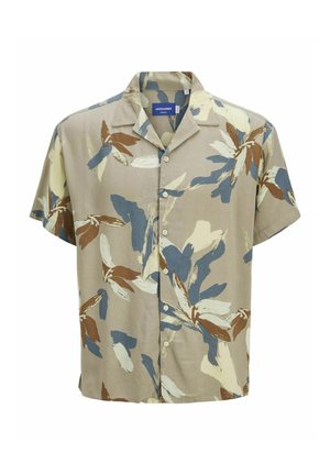 Krátky rukáv blúzka v svetlej béžovej farbe s veľkým kvetinovým vzorom v modrej, hnedej a krémovej farbe. Obsahuje výstrih s klopou a zapínanie na gombíky.