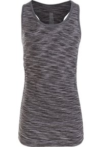 Mörkgrå linne med en texturerad, horisontell randig design, racerback och släta kanter, perfekt för aktiv träning.
