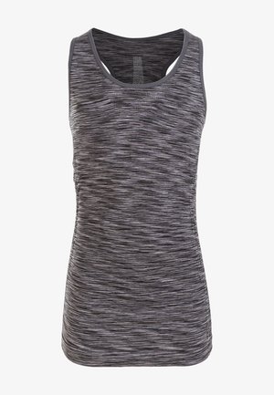 Dunkelgraues Tanktop mit einem strukturierten, horizontalen gestreiften Muster, Racerback-Design und glatten Kanten, geeignet für aktive Kleidung.