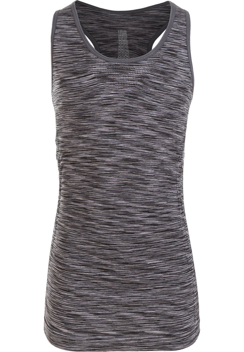 Mörkgrå linne med en texturerad, horisontell randig design, racerback och släta kanter, perfekt för aktiv träning.