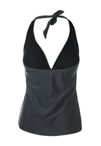 Svart baddräktstopp med halterneck, med en djup V-formad front. Slät tyg med en åtsittande stil och knytbak.