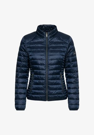 Giacca trapuntata blu navy con zip frontale, collo alla coreana, tasche laterali con zip e maniche lunghe sagomate.