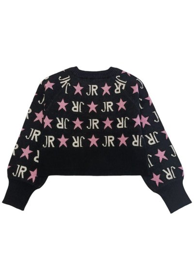 Maglione corto nero con un motivo ripetitivo di lettere "JR" e stelle rosa. Include polsini a coste e scollatura rotonda.