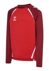 Maillot de sport rouge et marron à manches longues avec accents blancs, col rond, et logo blanc de hummel sur la partie supérieure de la poitrine.