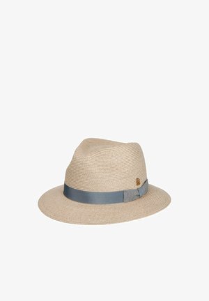 Light beige woven fedora hat with a wide brim and a gray ribbon band featuring a small decorative bow on the side.