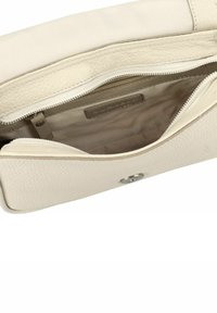 Beige Lederhandtasche mit strukturiertem Äußeren, Reißverschlussfächern und einem metallischen Druckverschluss. Innenausstattung mit weichem Stoff ausgekleidet.