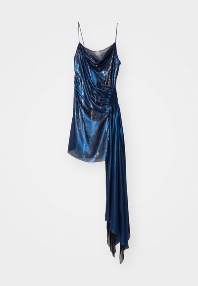 Überwurf, ärmelloses Kleid aus tiefblauem Satin, mit glänzenden Pailletten, asymmetrischem Saum und einem fließenden Rockteil mit kontrastierendem Rand.