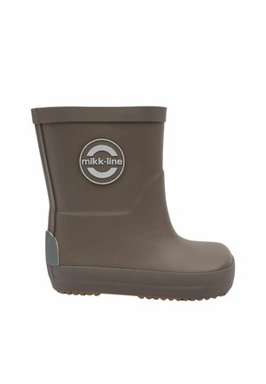 Botte de pluie en caoutchouc marron pour enfants avec semelle texturée et logo "mikk-line" sur le côté, conçue pour temps humide.