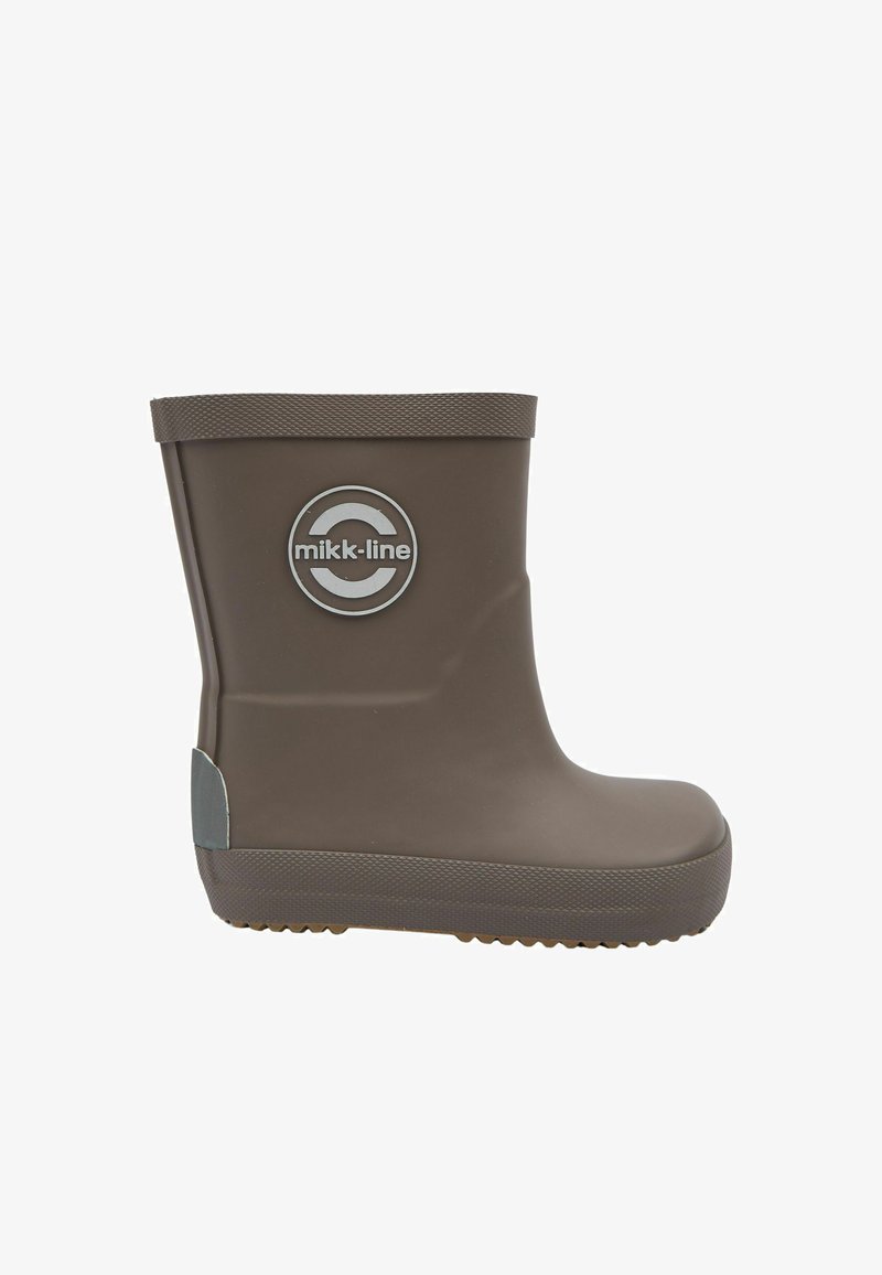 Botte de pluie en caoutchouc marron pour enfants avec semelle texturée et logo "mikk-line" sur le côté, conçue pour temps humide.