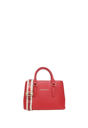 Borsa a tracolla rossa in pelle con doppi manici e una tracolla removibile con un motivo a logo. Texture liscia e dettagli in metallo dorato.