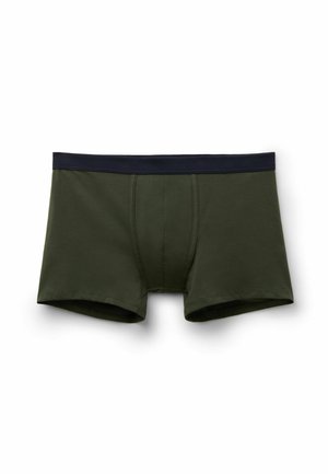 Dark green boxer briefs with a navy elastic waistband. Made of soft fabric, they feature a fitted design and a front pouch for support.
