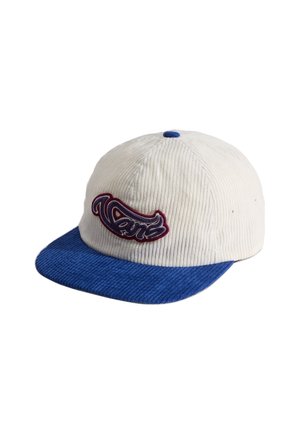 Hvid fløjl baseball cap med blå skygge og topknap, der har et broderet Vans-logo i lilla og rød på frontpanelet.