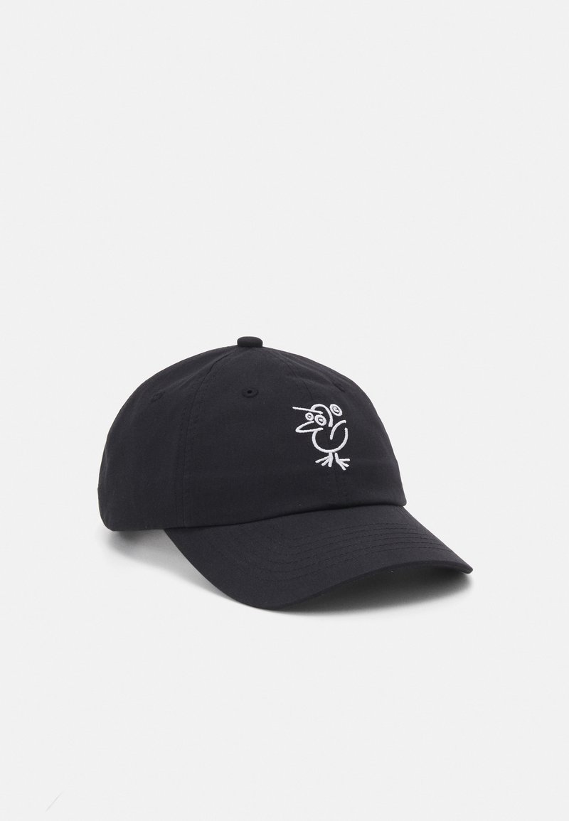 Black cotton cap featuring a white embroidered bird design on the front, with a curved brim and adjustable strap at the back.