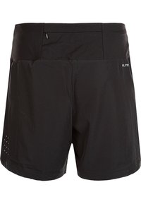 Mustat juoksushortsit, jotka on valmistettu kevyestä kankaasta. Niissä on sileä vyötärö, pieni vetoketjullinen tasku ja rei'itetty yksityiskohta sivuilla.