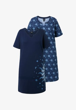 Marineblauwe katoenen nachtjurk met korte mouwen; aan de ene kant een ontwerp met een ster en een halve maan, aan de andere kant een cirkelvormig patroon.