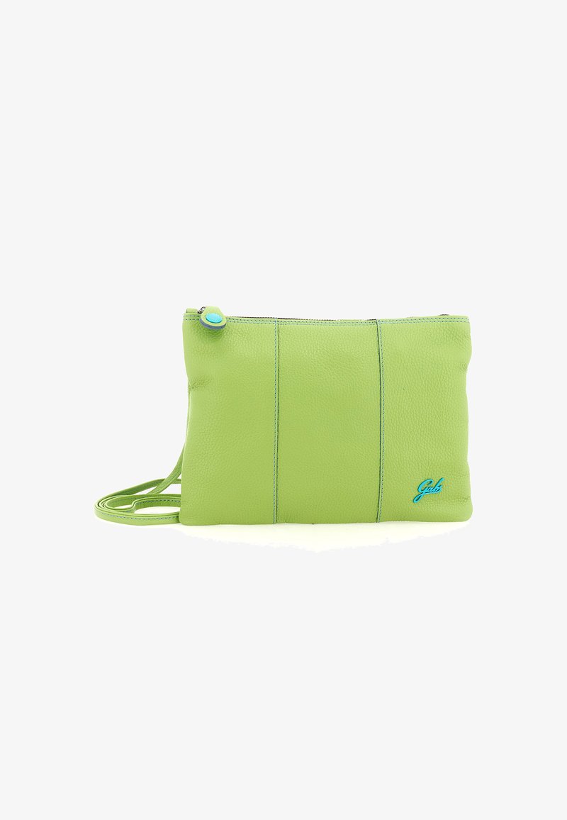 Piccola borsa crossbody rettangolare di pelle verde lime con chiusura a zip e logo "Gabs" blu in basso a destra sul fronte.