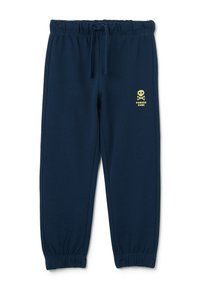 Dark blue sweatpants made of soft fabric, featuring an elastic waistband with a drawstring and a yellow skull and crossbones graphic.