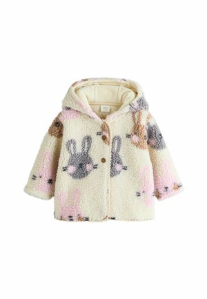 Børnecreme sherpa-jakke med hætte, brune knapper og mønstre af kaninansigter i pink, grå og brun.