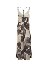 Robe à bretelles spaghetti beige avec des motifs circulaires abstraits noirs et des rayures horizontales. Jupe évasée avec taille froncée.