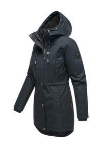 Dunkelblaue isolierte Parka mit Futter aus Kunstfell, verstellbare Kapuze, Reißverschluss vorne und Seitentaschen. Verfügt über einen Kordelzug in der Taille für eine bessere Passform.