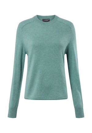 Helles türkisfarbenes Pullover mit langen Ärmeln, einem Rundhalsausschnitt und gerippten Bündchen und Saum. Hat ein schlichtes Design und besteht aus weichem Material.