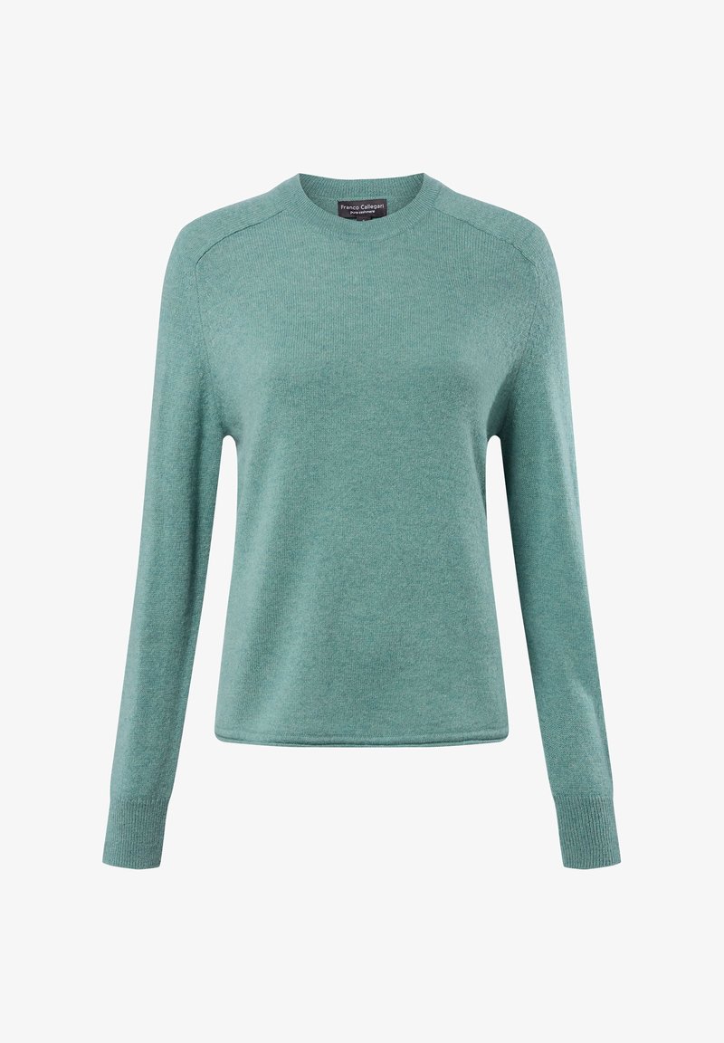 Helles türkisfarbenes Pullover mit langen Ärmeln, einem Rundhalsausschnitt und gerippten Bündchen und Saum. Hat ein schlichtes Design und besteht aus weichem Material.