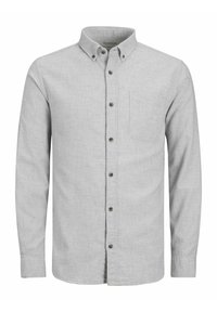 Light gray long-sleeve button-up shirt with buttoned collar and single chest pocket, made from textured fabric.