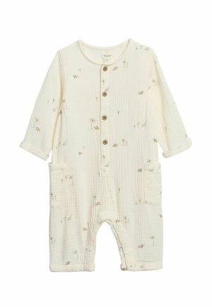 Baby romper i cremefarve med lange ærmer, brune knapper foran, sidelommer og små prints af dinosaur og palme.