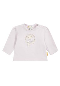 Helles rosa Langarmshirt aus Baumwolle mit Puffärmeln, mit einem Bärengrafik umgeben von floralen Motiven und Druckknopfverschluss.