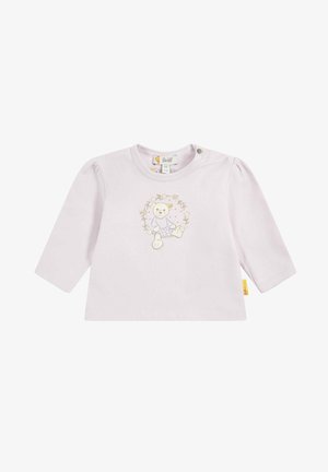 Světle růžová košile s dlouhými rukávy vyrobená z bavlny s nabíranými rukávy, s grafikou medvěda obklopenou květinovými vzory a zapínáním na patentky.