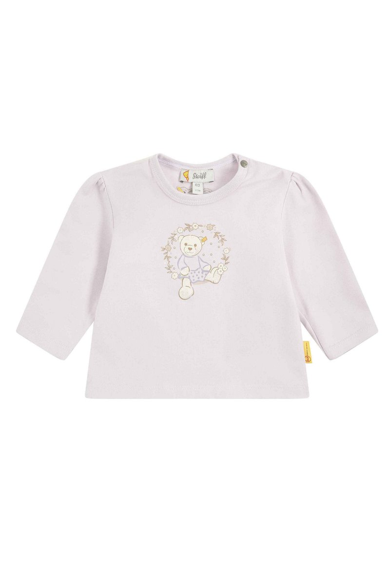 Helles rosa Langarmshirt aus Baumwolle mit Puffärmeln, mit einem Bärengrafik umgeben von floralen Motiven und Druckknopfverschluss.