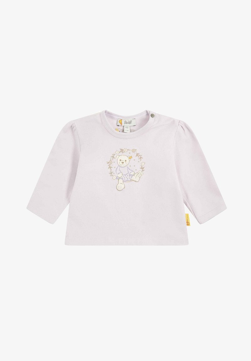 Jasnoróżowa, bawełniana koszula z długim rękawem, z bufkami, z nadrukiem misia otoczonego kwiatowymi wzorami oraz z zapięciem na napy.