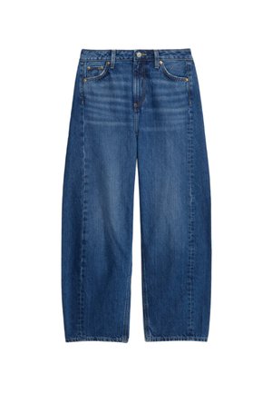Wijdvallende blauwe spijkerbroek met een middelhoge taille, vijf zakken en een knoopsluiting. De stof heeft een lichte textuur met vervaagde details.