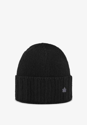 Berretto di lana nera con texture a coste, risvolto e piccolo logo ricamato a forma di foglia in grigio.
