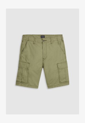Olivgrüne Cargo-Shorts aus Baumwolle, mit zwei Fronttaschen, zwei seitlichen Cargotaschen und einem Knopfverschluss mit verstärkten Nähten.