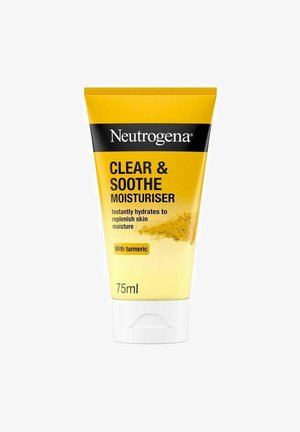 Neutrogena Clear & Soothe fugtighedscreme i en gul plasttube. Tekstureret finish, 75 ml størrelse, med en etiket, der fremhæver gurkemeje som ingrediens.