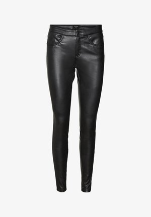 Zwarte leren broek met een slim fit, voorzien van voorzakken en een middelhoge tailleband, soepele textuur en minimale stikdetails.