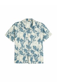 Korte mouwen shirt in lichtcrème met een blauw bloemen- en bladerenpatroon, met kraagontwerp en vijf houten knopen aan de voorkant.