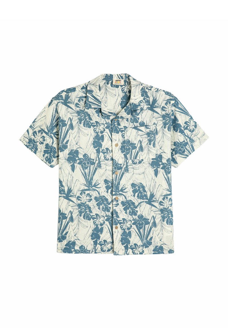 Korte mouwen shirt in lichtcrème met een blauw bloemen- en bladerenpatroon, met kraagontwerp en vijf houten knopen aan de voorkant.