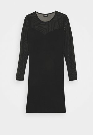 Czarna dopasowana sukienka z przezroczystymi długimi rękawami i górą na klatce piersiowej, okrągłym dekoltem i mini długością.