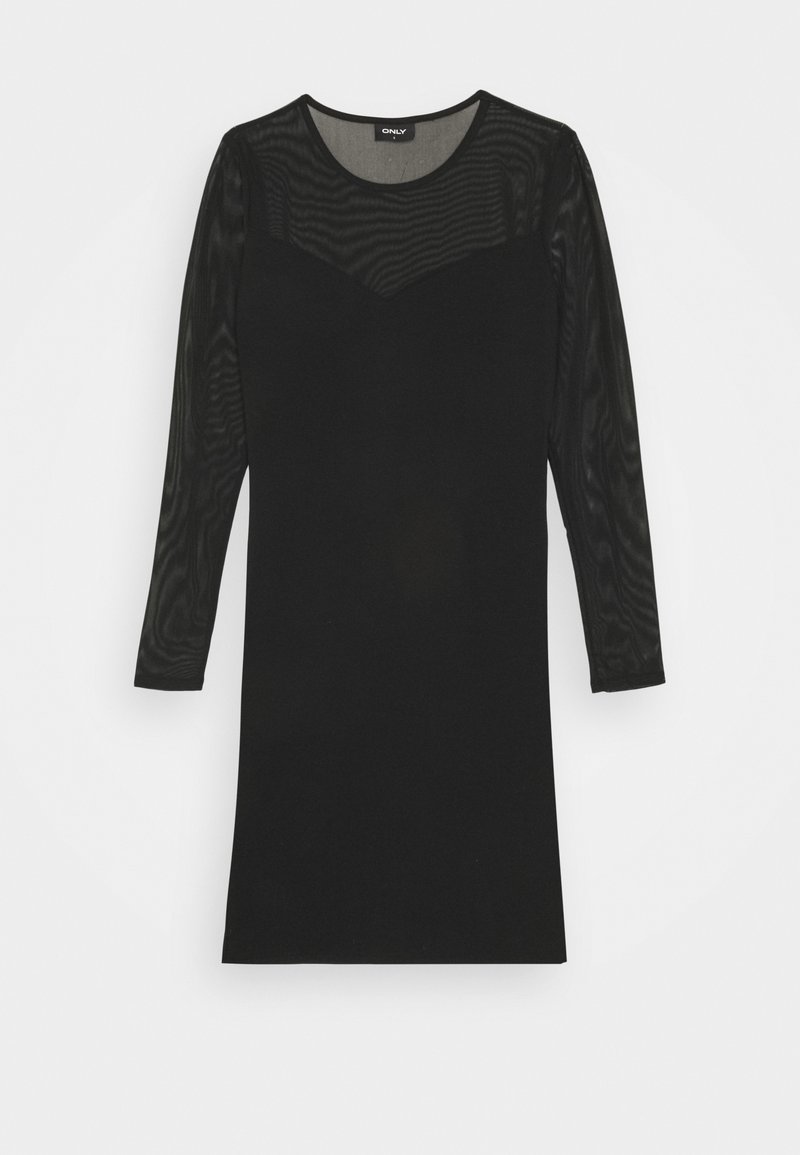 Robe noire ajustée avec manches longues et partie supérieure de la poitrine en tissu transparent, encolure ronde et longueur mini.