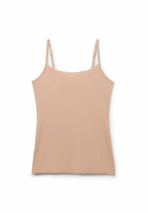 Lichtbeige camiskleding met verstelbare banden, gemaakt van zachte, rekbare stof. Heeft een eenvoudig, aansluitend ontwerp zonder versieringen.