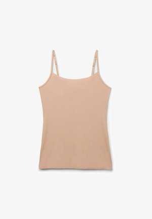 Ljusbeige linne med justerbara axelremmar, tillverkat av mjukt, stretchigt tyg. Har en enkel, åtsittande design utan dekorativa inslag.