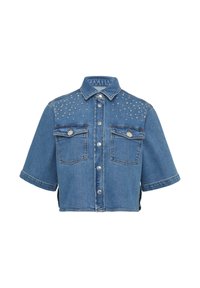 Lichtblauwe Denim Spijkerjack, kort gesneden, met korte mouwen, twee voorzakken en gestudeerde details op de schouders. Zilveren knopen en accenten.
